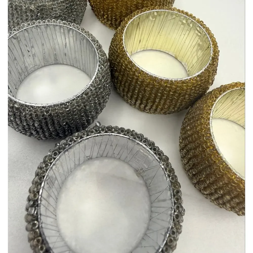 Vintage Glass Seed Bead Napkin Rings – Set of 6 (Gold & Silver Mix)